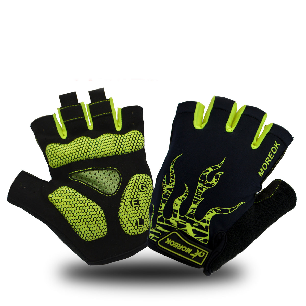 Black half-finger cycling gloves with padded, non-slip palm