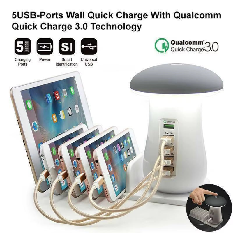 5 Multi Port USB Charging 5 Ports Station Desktop Phone Charger Mushroom Night Lamp Dock for Iphone Tablet