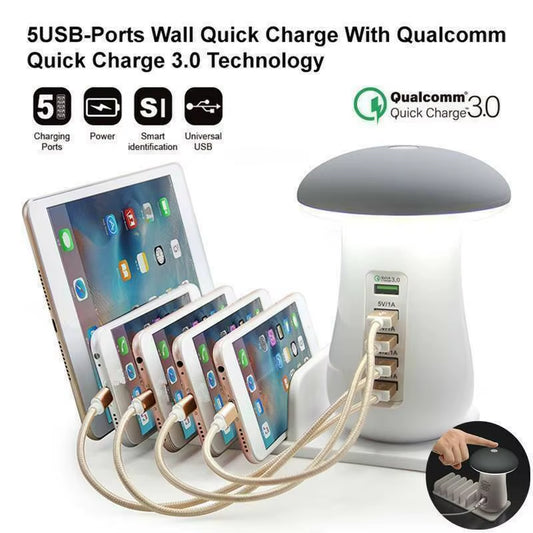 5 Multi Port USB Charging 5 Ports Station Desktop Phone Charger Mushroom Night Lamp Dock for Iphone Tablet