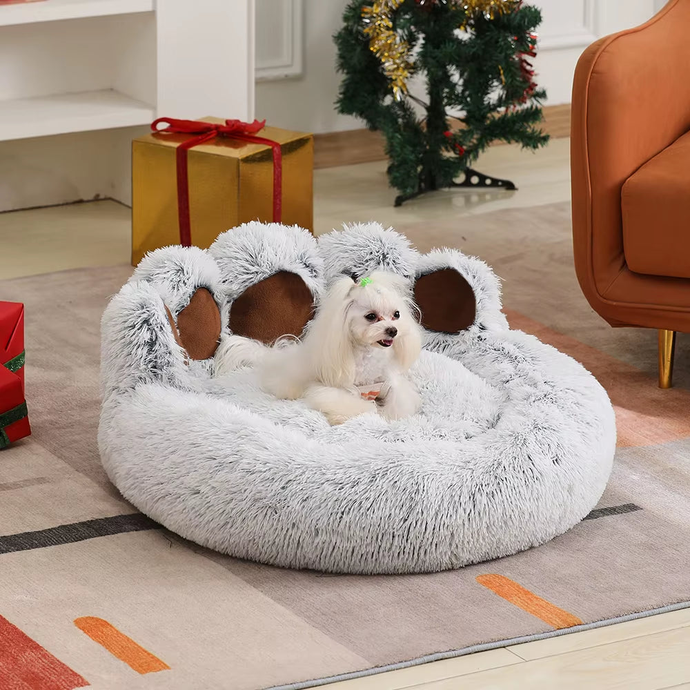 Fluffy Dog Bed Winter Warm Large Paw Shape Sofa Baskets Pets Kennel Mat Puppy Cats Pet Sleeping Beds Soft Fluffy Cushion Dog Bed