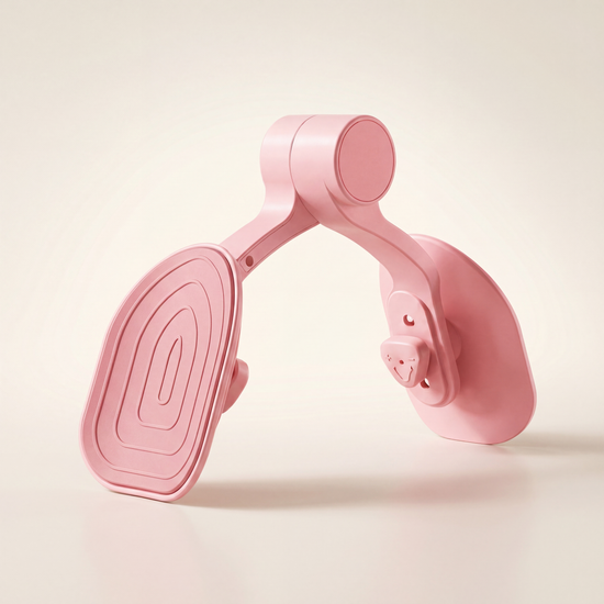 Pink inner thigh toner and leg exerciser on a clean warm off-white studio background