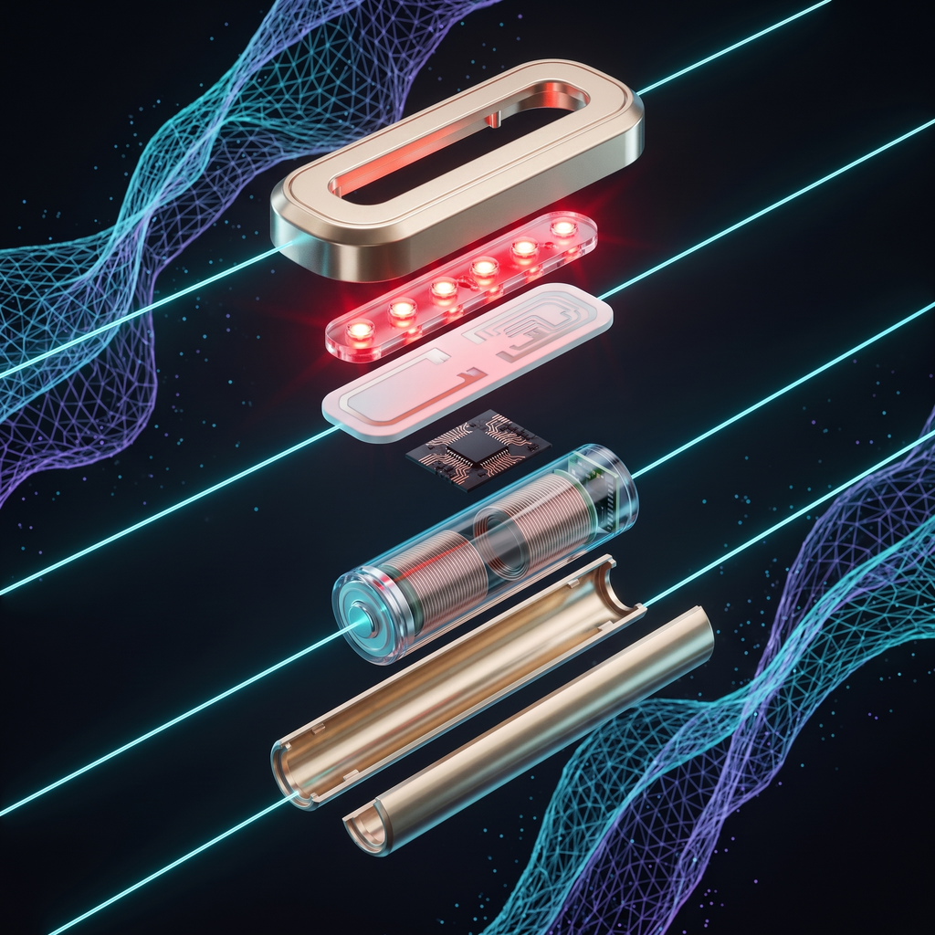 Exploded-view tech render (gold)
